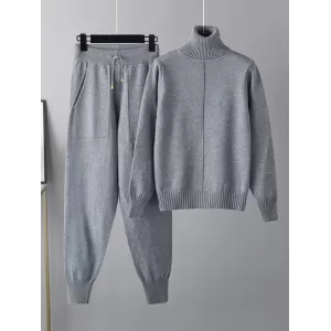 Casual Solid Long Sleeves High-Neck Sweater Tops & Drawstring Wide Leg Pants Suits