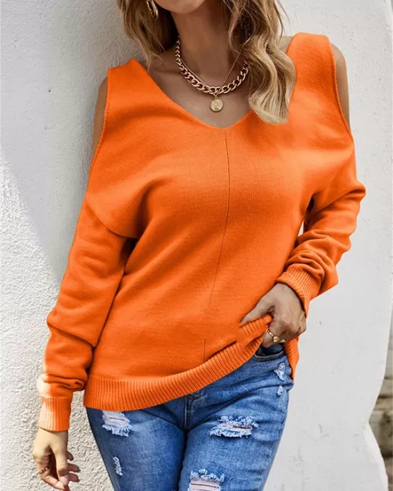 Casual Long Sleeves Solid Color Halter-Neck Sweater Tops