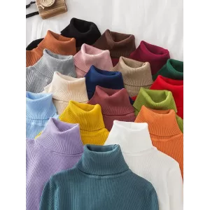 Simple Skinny Solid Color High-Neck Sweater Tops