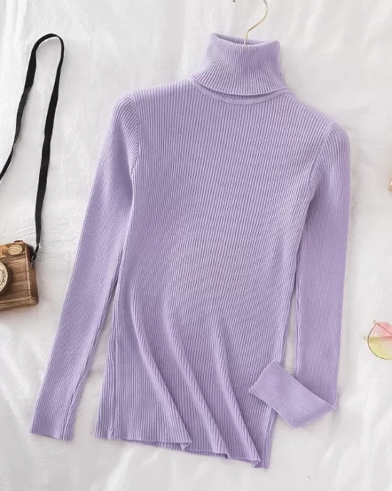 Simple Skinny Solid Color High-Neck Sweater Tops