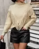 Solid Color Tasseled Long Sleeves Loose High-neck Sweater Tops Pullovers Knitwear