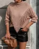 Solid Color Tasseled Long Sleeves Loose High-neck Sweater Tops Pullovers Knitwear