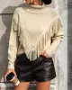 Solid Color Tasseled Long Sleeves Loose High-neck Sweater Tops Pullovers Knitwear