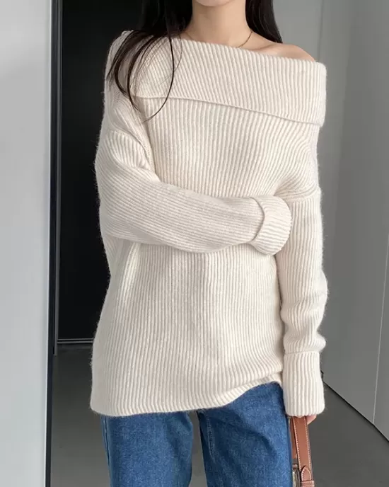 Solid Color Long Sleeves Loose Off-the-shoulder Sweater Pullovers Knitwear