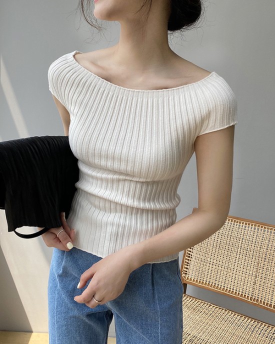 Solid Color Short Sleeves Skinny Boat Neck Sweater Pullovers Knitwear