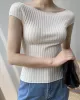 Solid Color Short Sleeves Skinny Boat Neck Sweater Pullovers Knitwear