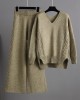 Urban Loose Solid Color V-Neck Sweater Tops& Wide Leg  Pants Suits