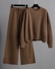 Urban Loose Long Sleeves Solid Color Round-Neck High-Low Sweater Tops & Wide Leg Pants Suits