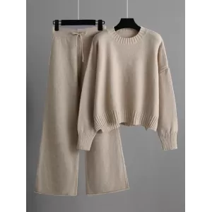 Urban Loose Long Sleeves Solid Color Round-Neck High-Low Sweater Tops & Wide Leg Pants Suits