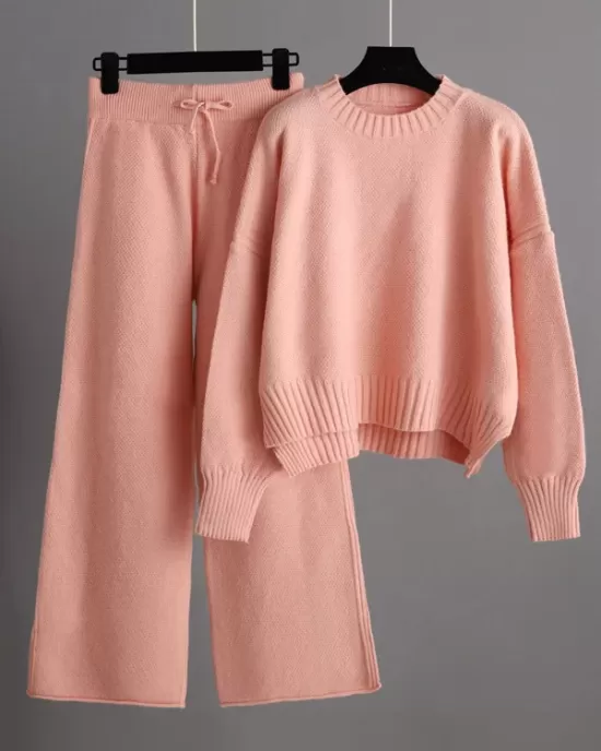 Urban Loose Long Sleeves Solid Color Round-Neck High-Low Sweater Tops & Wide Leg Pants Suits