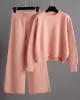 Urban Loose Long Sleeves Solid Color Round-Neck High-Low Sweater Tops & Wide Leg Pants Suits