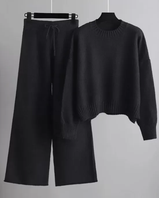 Urban Loose Long Sleeves Solid Color Round-Neck High-Low Sweater Tops & Wide Leg Pants Suits