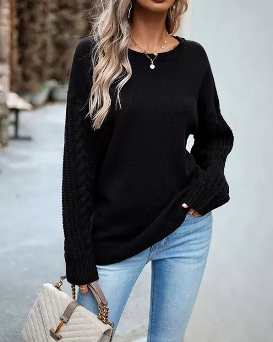 Solid Color Long Sleeves Loose Round-Neck Sweater Pullovers