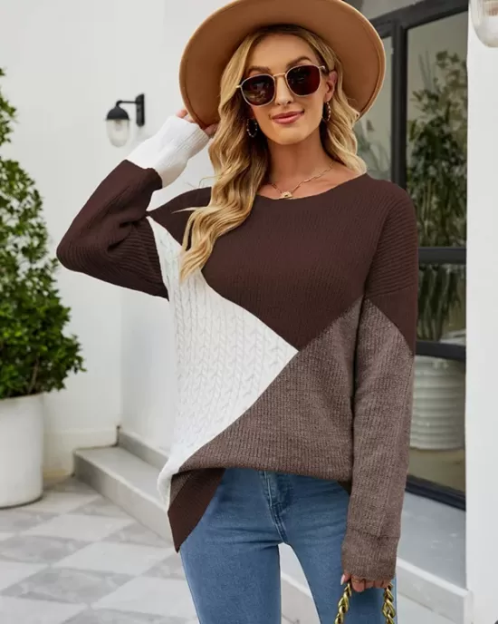 Casual Long Sleeves Loose Contrast Color Round-Neck Sweater Tops