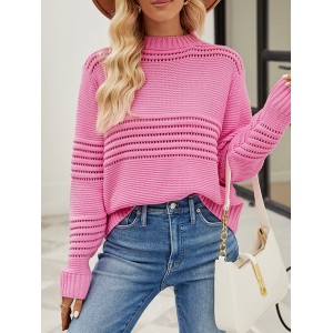 Hollow Solid Color Long Sleeves Loose Round-Neck Sweater Tops Pullovers Knitwear