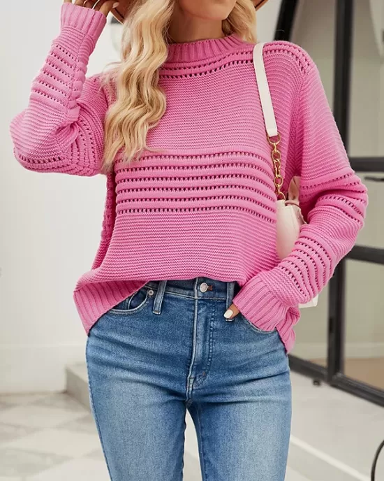 Hollow Solid Color Long Sleeves Loose Round-Neck Sweater Tops Pullovers Knitwear