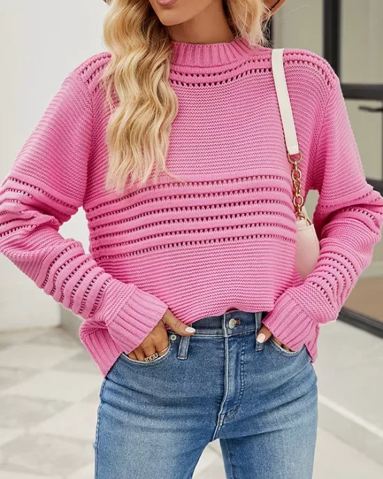 Hollow Solid Color Long Sleeves Loose Round-Neck Sweater Tops Pullovers Knitwear