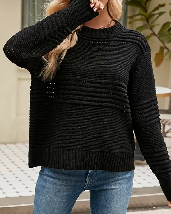 Hollow Solid Color Long Sleeves Loose Round-Neck Sweater Tops Pullovers Knitwear