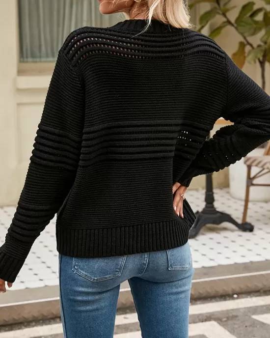 Hollow Solid Color Long Sleeves Loose Round-Neck Sweater Tops Pullovers Knitwear