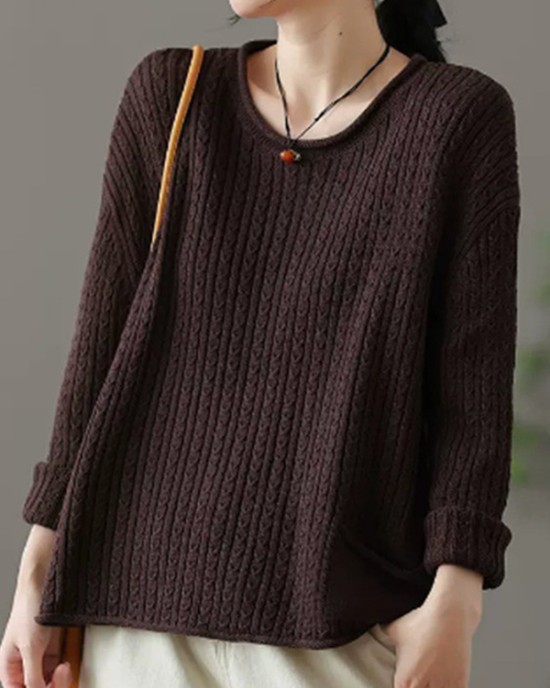 Artistic Retro Loose Long Sleeves Jacquard Solid Color Round-Neck Sweater Tops