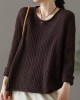 Artistic Retro Loose Long Sleeves Jacquard Solid Color Round-Neck Sweater Tops