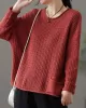 Artistic Retro Loose Long Sleeves Jacquard Solid Color Round-Neck Sweater Tops