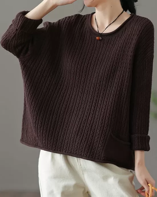 Artistic Retro Loose Long Sleeves Jacquard Solid Color Round-Neck Sweater Tops