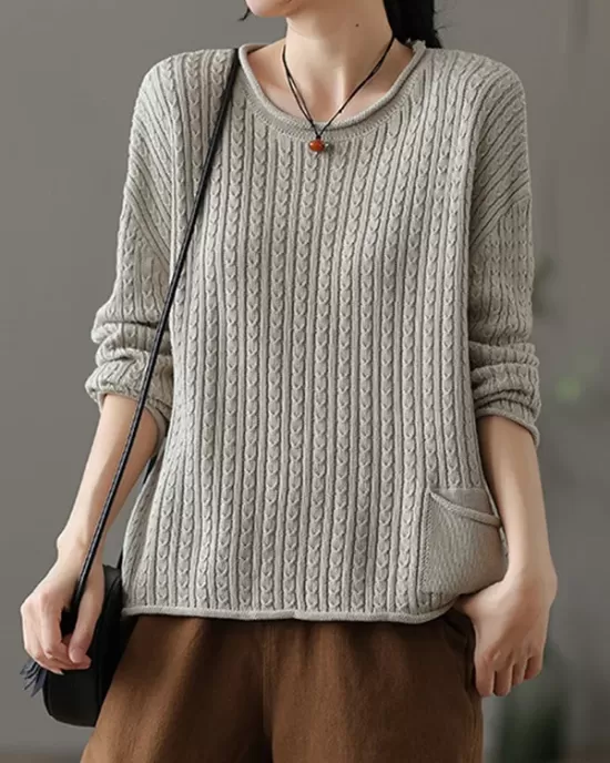 Artistic Retro Loose Long Sleeves Jacquard Solid Color Round-Neck Sweater Tops