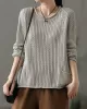 Artistic Retro Loose Long Sleeves Jacquard Solid Color Round-Neck Sweater Tops