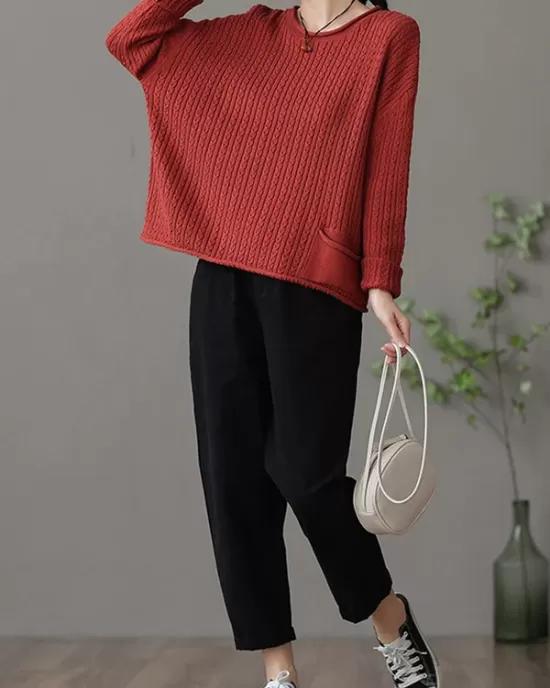 Artistic Retro Loose Long Sleeves Jacquard Solid Color Round-Neck Sweater Tops