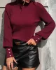 Beaded Split-Joint Long Sleeves Loose High-neck Sweater Tops Pullovers Knitwear