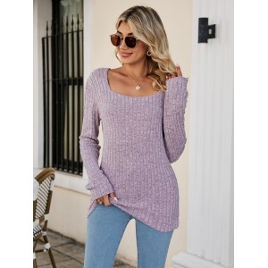 Casual Long Sleeves Skinny Solid Color Square-Neck Sweater Tops