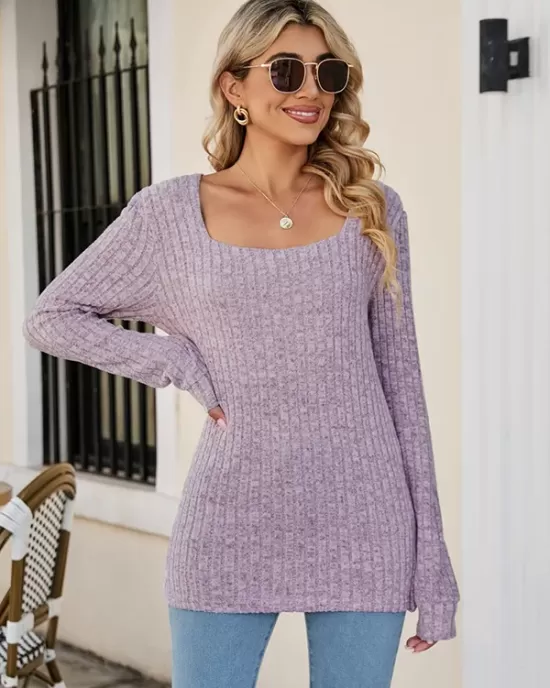 Casual Long Sleeves Skinny Solid Color Square-Neck Sweater Tops