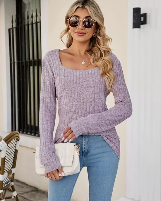 Casual Long Sleeves Skinny Solid Color Square-Neck Sweater Tops