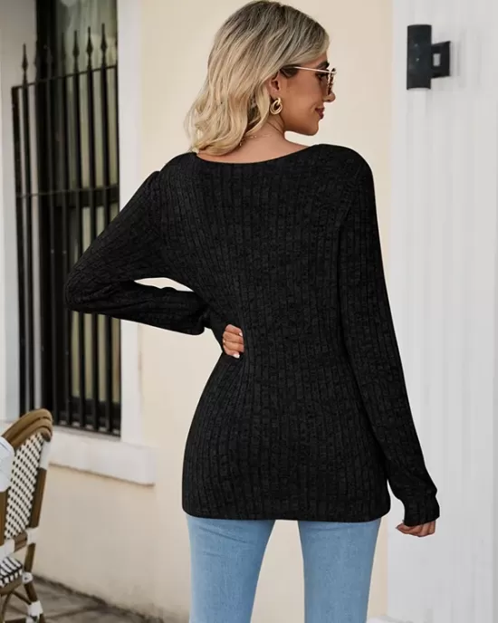 Casual Long Sleeves Skinny Solid Color Square-Neck Sweater Tops