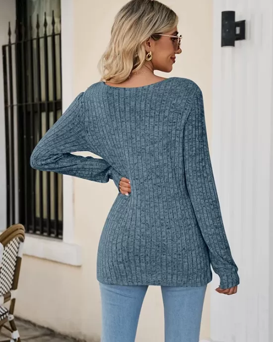 Casual Long Sleeves Skinny Solid Color Square-Neck Sweater Tops