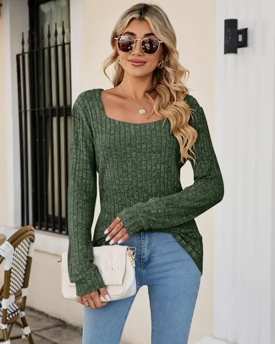 Casual Long Sleeves Skinny Solid Color Square-Neck Sweater Tops