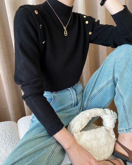 Buttoned Split-Joint Long Sleeves High-Neck Sweater Tops