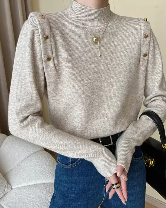 Buttoned Split-Joint Long Sleeves High-Neck Sweater Tops