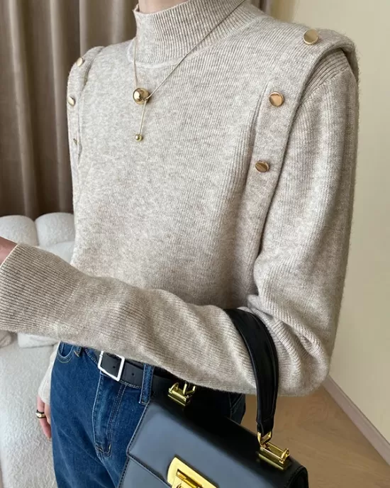 Buttoned Split-Joint Long Sleeves High-Neck Sweater Tops