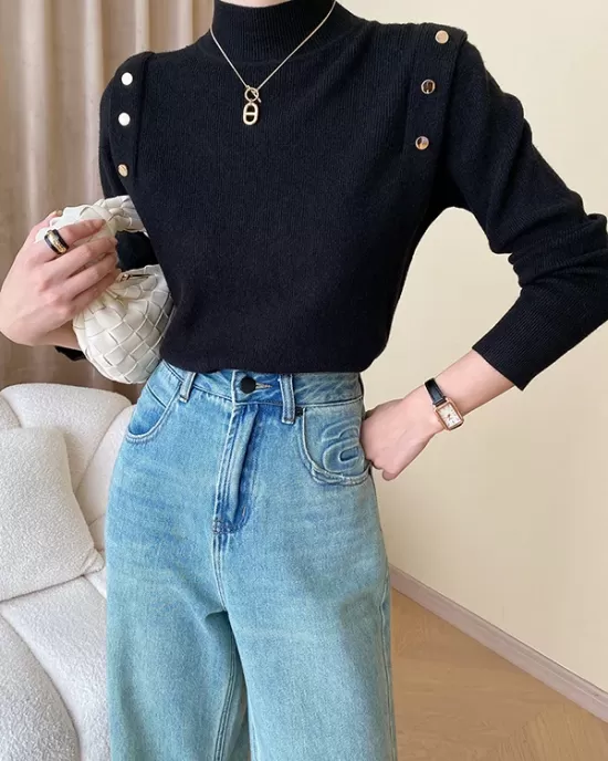 Buttoned Split-Joint Long Sleeves High-Neck Sweater Tops