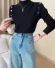 Buttoned Split-Joint Long Sleeves High-Neck Sweater Tops