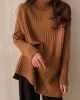 Casual Long Sleeves Loose Split-Side Solid Color High-Neck Sweater Tops