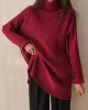 Casual Long Sleeves Loose Split-Side Solid Color High-Neck Sweater Tops