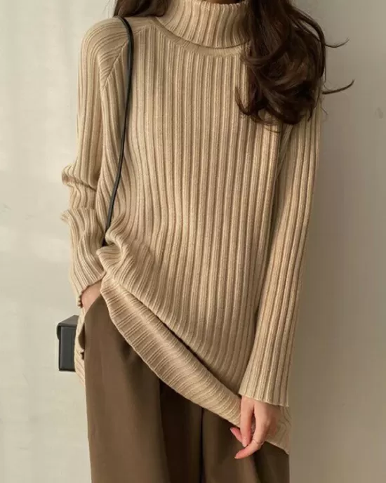 Casual Long Sleeves Loose Split-Side Solid Color High-Neck Sweater Tops