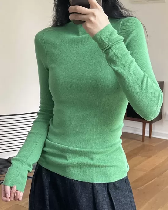 Solid Color Long Sleeves Skinny High-Neck Sweater Tops Pullovers