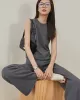 Urban Loose Solid Round-Neck Vest Top& V-Neck Sweater Tops& Wide Leg Pants Three-Piece Set