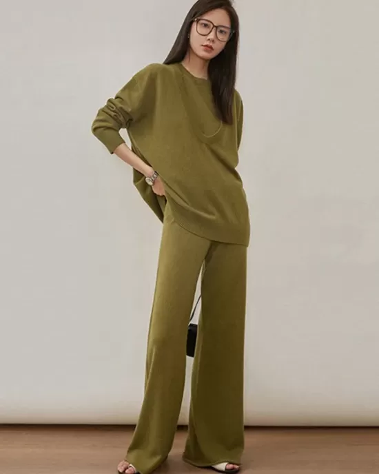 Urban Loose Solid Round-Neck Vest Top& V-Neck Sweater Tops& Wide Leg Pants Three-Piece Set