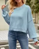 Solid Color Split-Joint Split-Side Batwing Sleeves High-Low Round-Neck Sweater Tops Pullovers