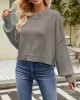 Solid Color Split-Joint Split-Side Batwing Sleeves High-Low Round-Neck Sweater Tops Pullovers